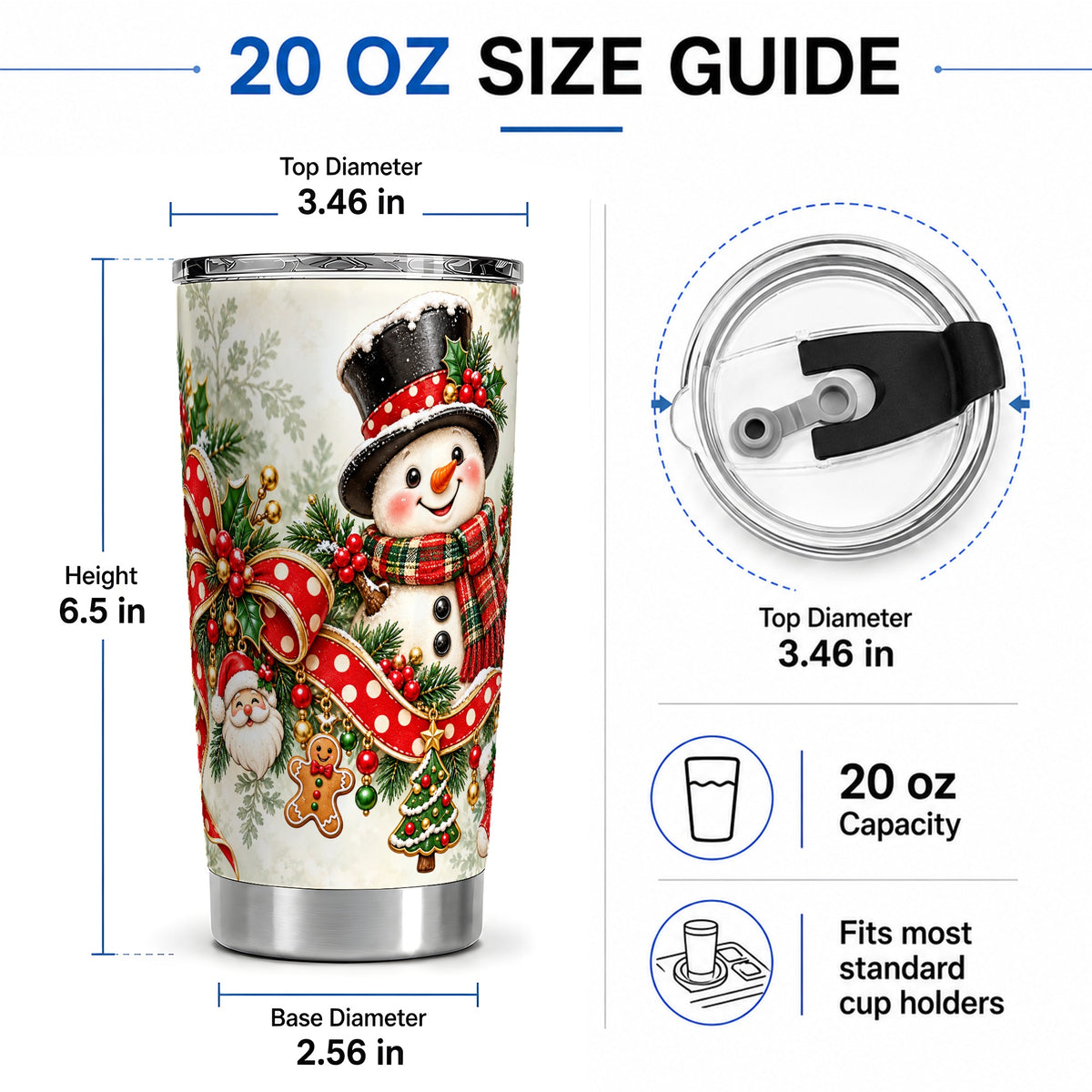 #pl[20oz|Steel] Christmas Snowman Tumbler, 20oz Stainless Steel with Red Polka Dot Bow