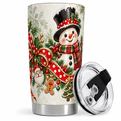 Christmas Snowman Tumbler, 20oz Stainless Steel with Red Polka Dot Bow