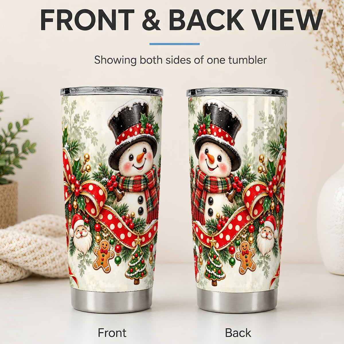 #pl[20oz|Steel] Christmas Snowman Tumbler, 20oz Stainless Steel with Red Polka Dot Bow