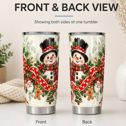 #pl[20oz|Steel] Christmas Snowman Tumbler, 20oz Stainless Steel with Red Polka Dot Bow