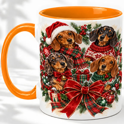 #pl[11oz|Orange] Christmas Dachshund Accent Mug, Ceramic Cup for Dog Lovers