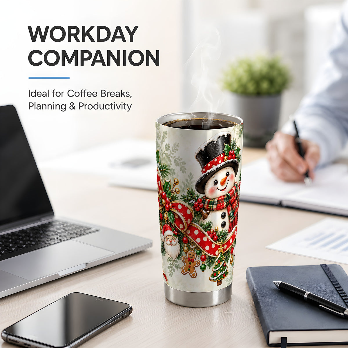 Christmas Snowman Tumbler, 20oz Stainless Steel with Red Polka Dot Bow