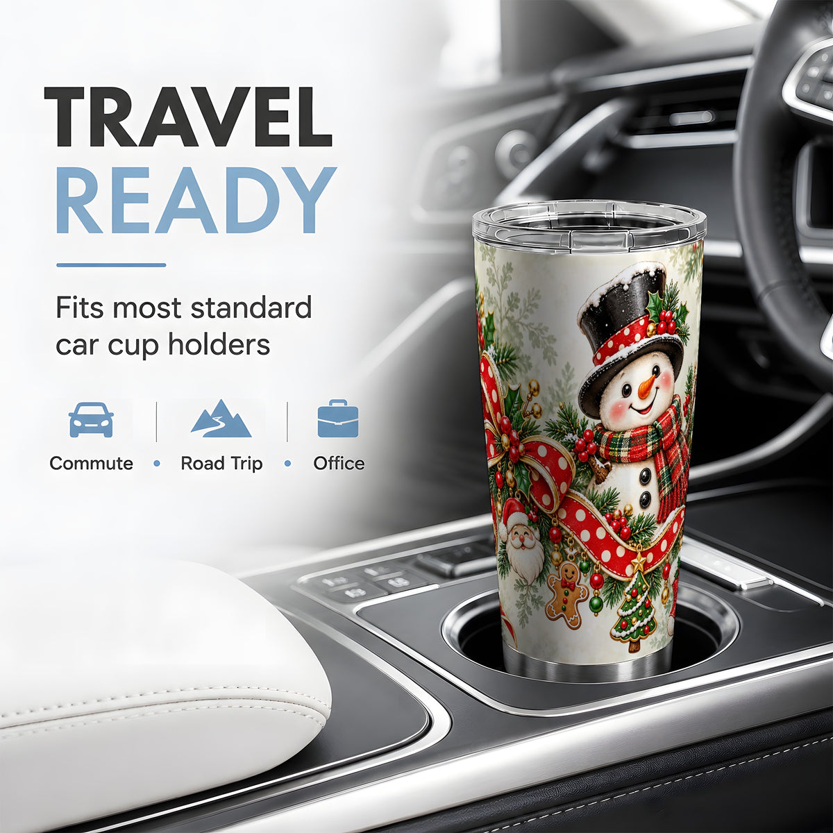 Christmas Snowman Tumbler, 20oz Stainless Steel with Red Polka Dot Bow
