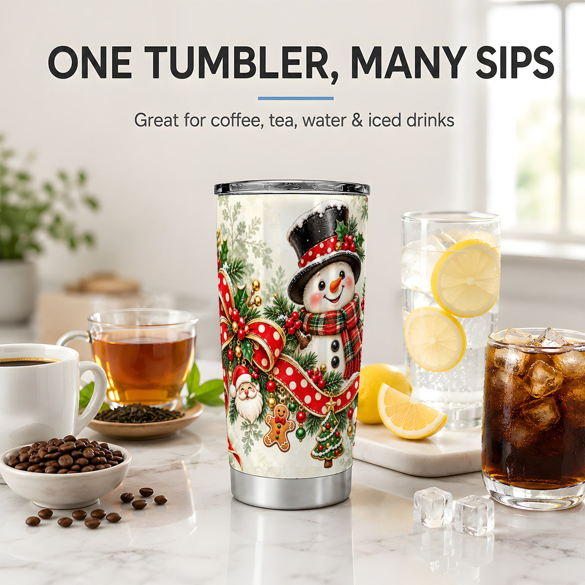 Christmas Snowman Tumbler, 20oz Stainless Steel with Red Polka Dot Bow