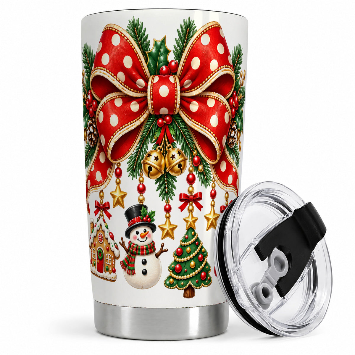 Christmas Bow Ornaments Tumbler, 20oz Stainless Steel Holiday Drinkware