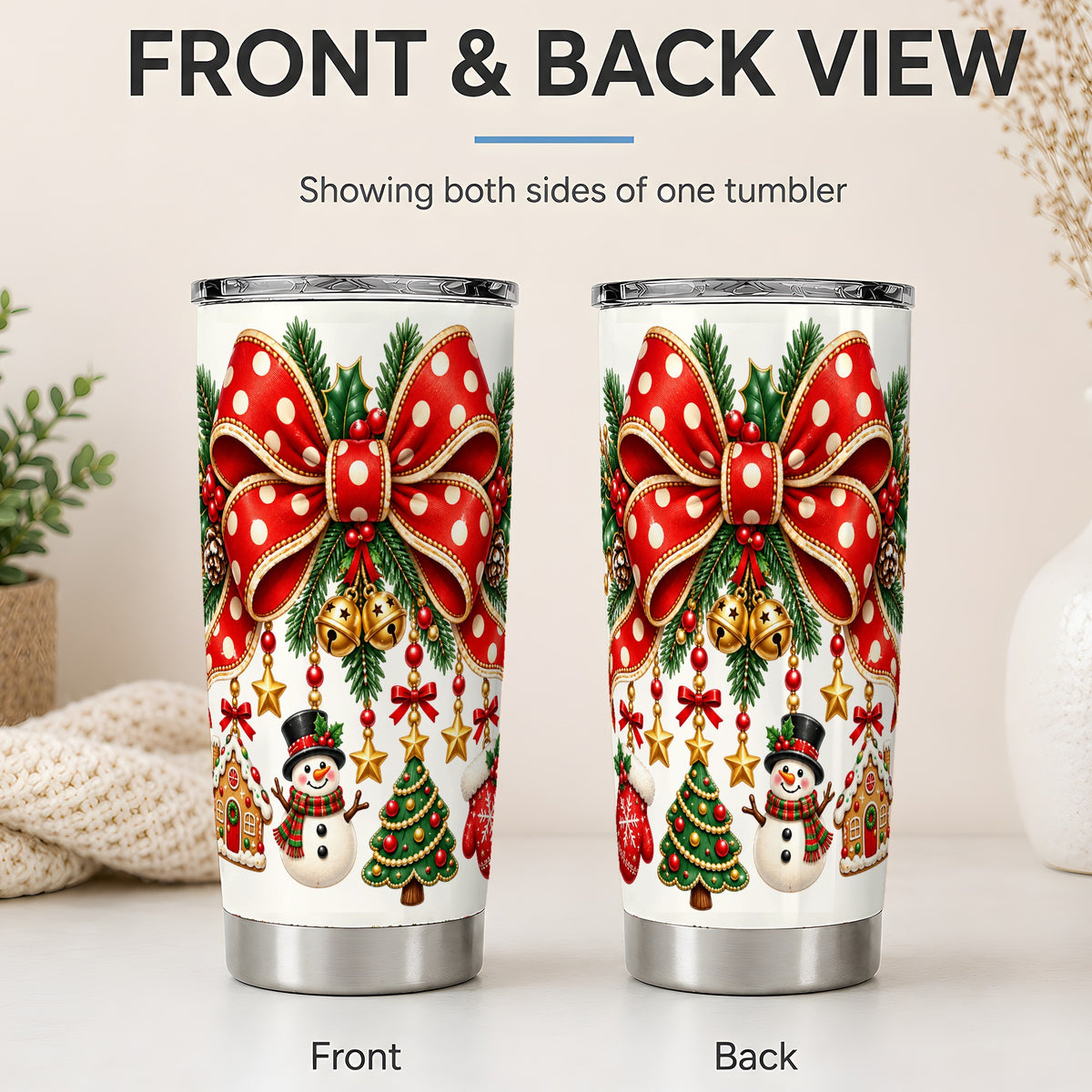 #pl[20oz|Steel] Christmas Bow Ornaments Tumbler, 20oz Stainless Steel Holiday Drinkware