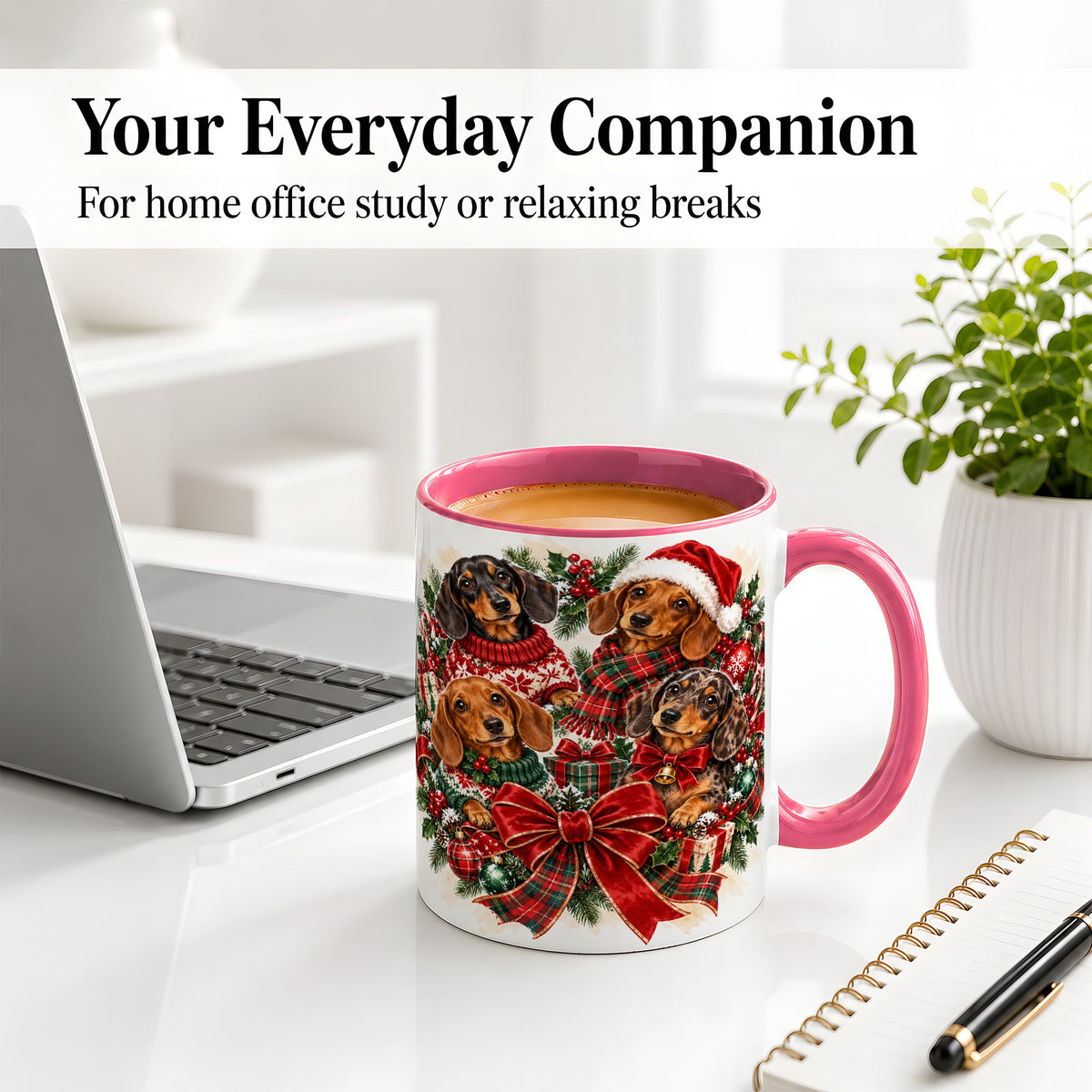 #pl[11oz|Pink] Christmas Dachshund Accent Mug, Ceramic Cup for Dog Lovers
