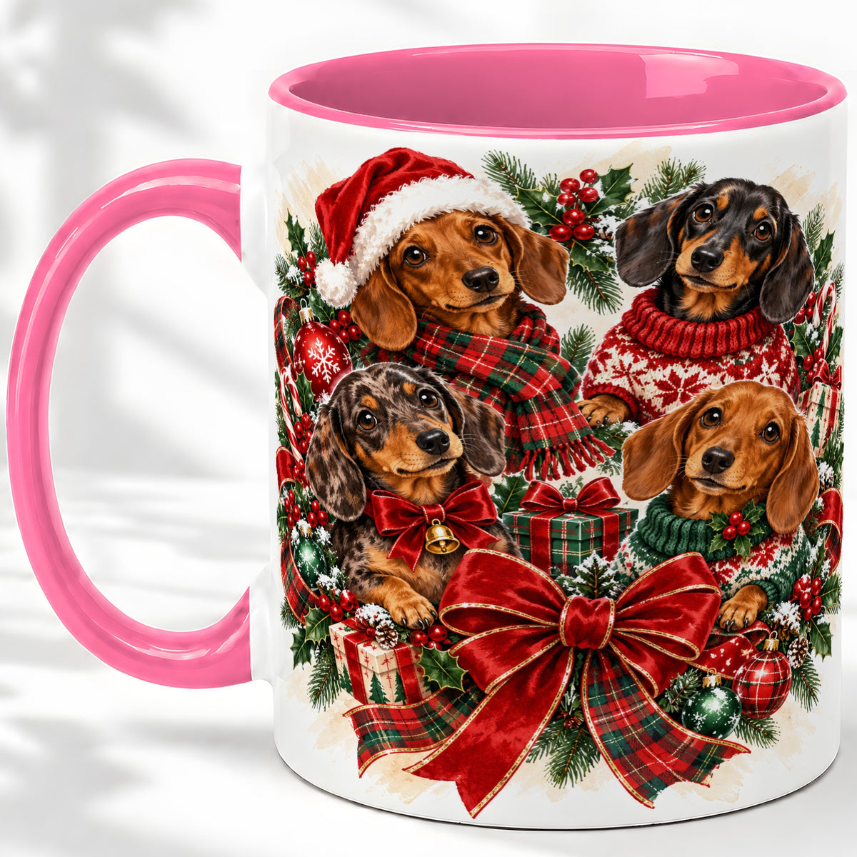 #pl[11oz|Pink] Christmas Dachshund Accent Mug, Ceramic Cup for Dog Lovers