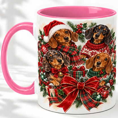 #pl[11oz|Pink] Christmas Dachshund Accent Mug, Ceramic Cup for Dog Lovers