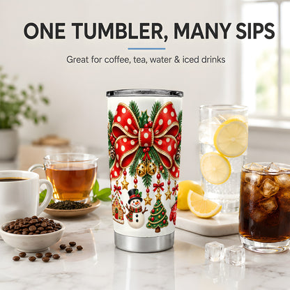 Christmas Bow Ornaments Tumbler, 20oz Stainless Steel Holiday Drinkware