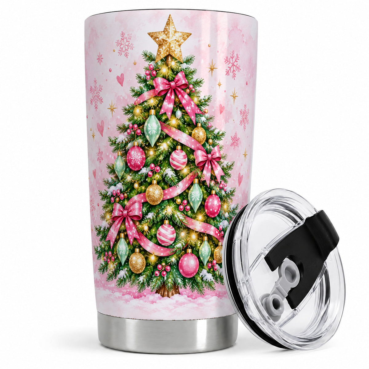 Pink Christmas Tree Tumbler, 20oz Stainless Steel Holiday Drinkware