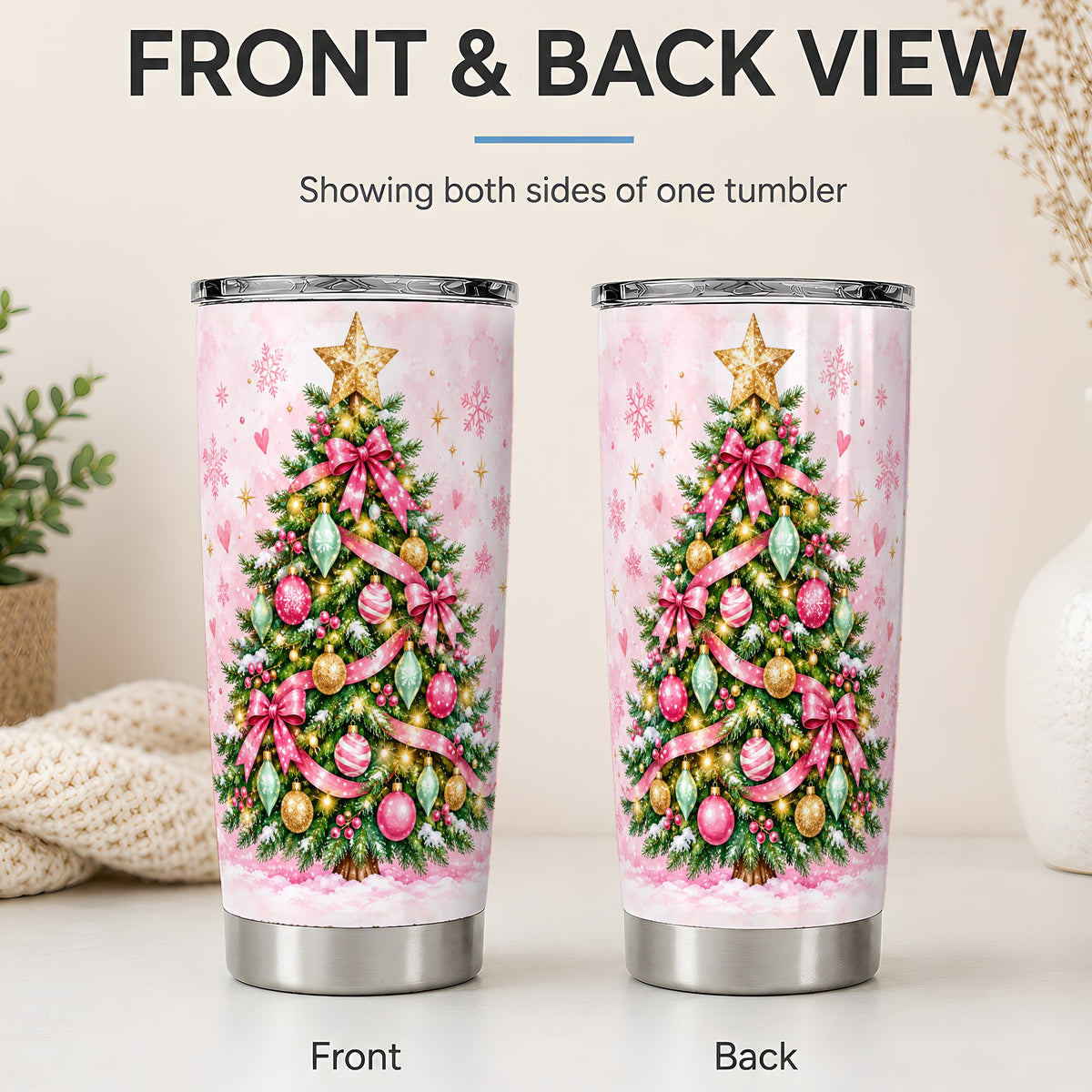 #pl[20oz|Steel] Pink Christmas Tree Tumbler, 20oz Stainless Steel Holiday Drinkware