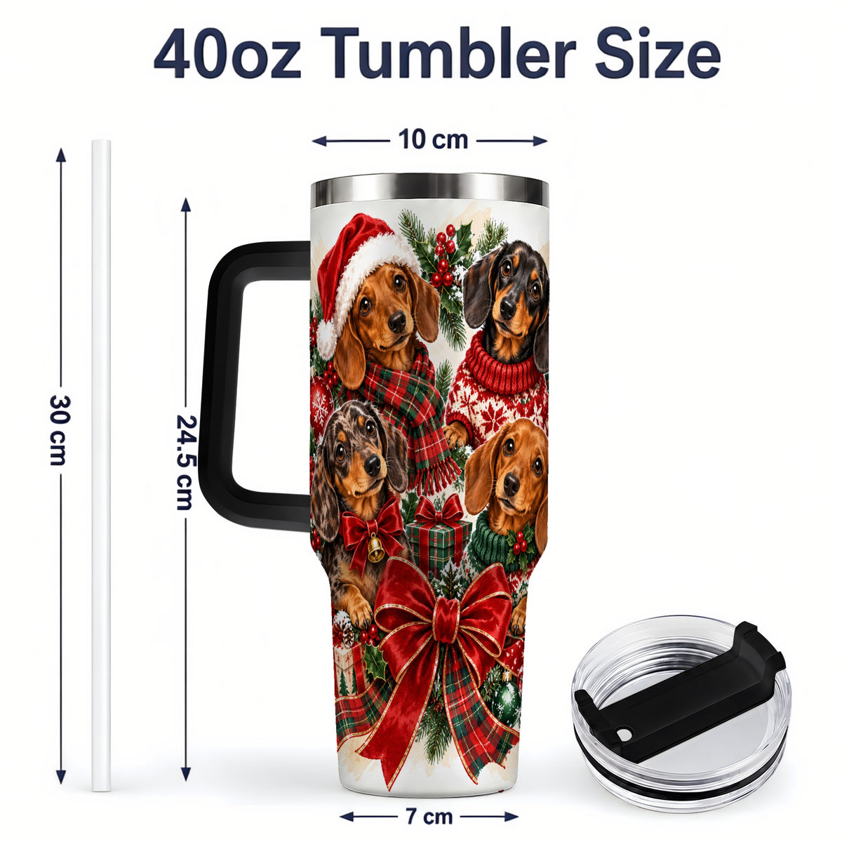 #pl[40oz|Black] Christmas Dachshund Handled Tumbler, 40oz Festive Dog Drinkware