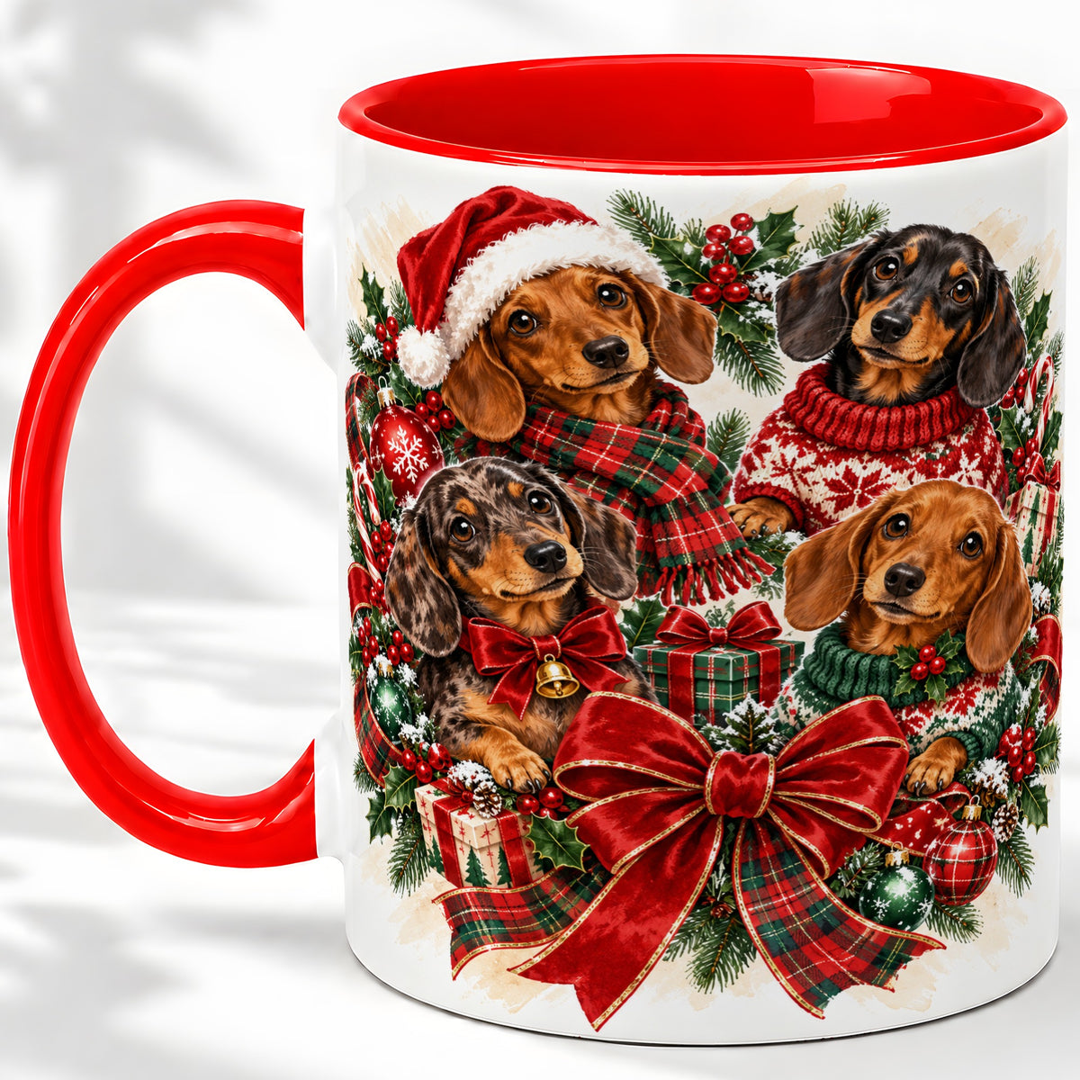Christmas Dachshund Accent Mug, Ceramic Cup for Dog Lovers