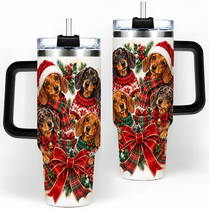 #pl[40oz|Black] Christmas Dachshund Handled Tumbler, 40oz Festive Dog Drinkware