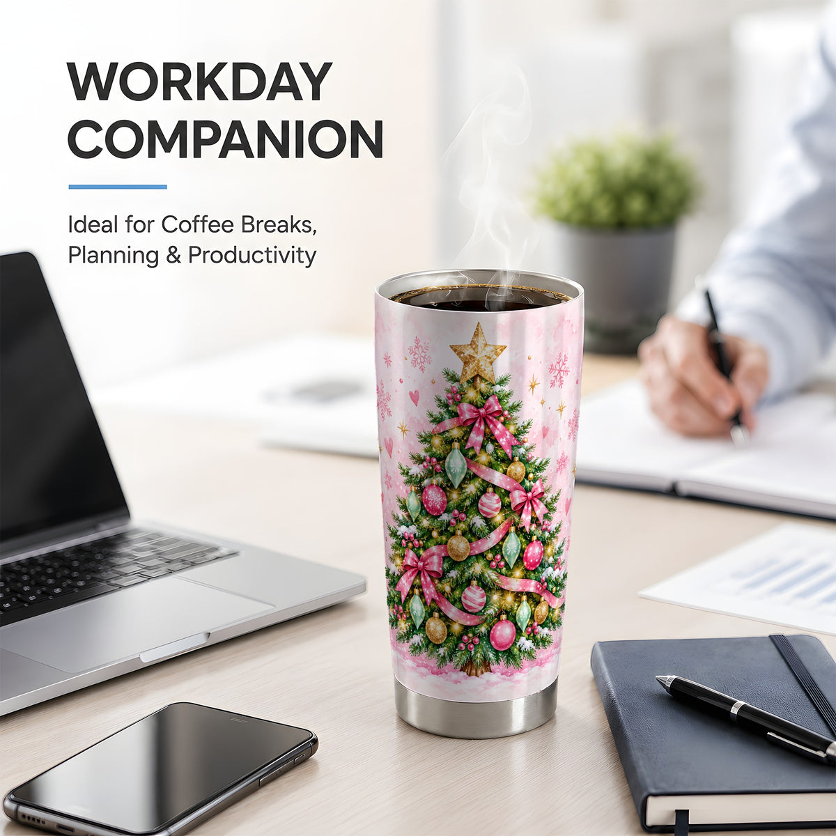 Pink Christmas Tree Tumbler, 20oz Stainless Steel Holiday Drinkware