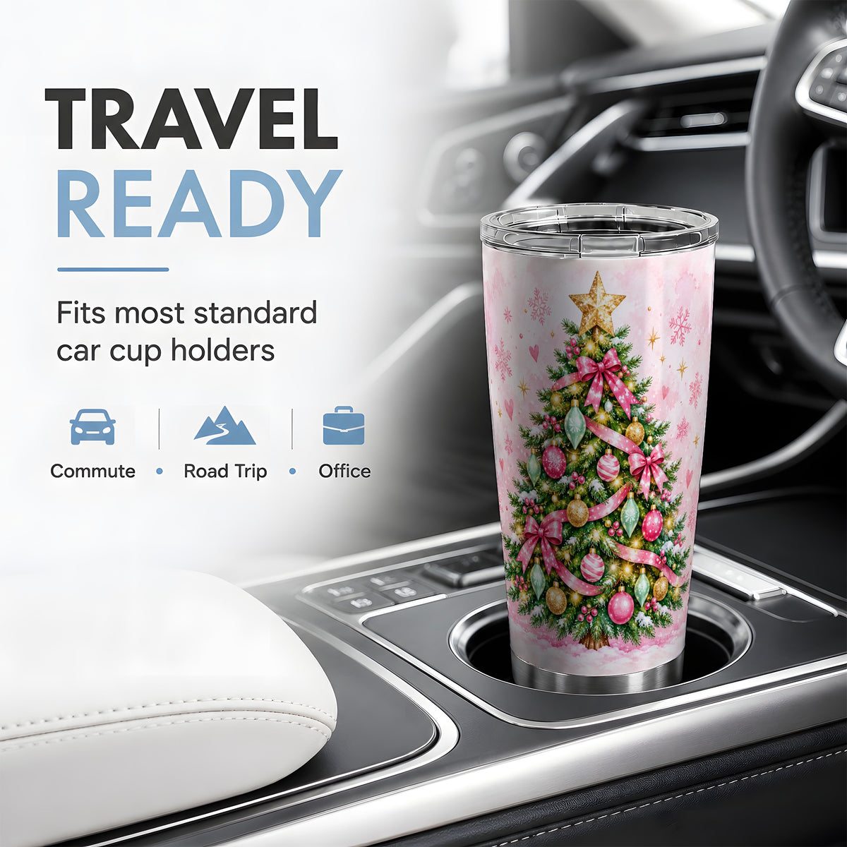 Pink Christmas Tree Tumbler, 20oz Stainless Steel Holiday Drinkware