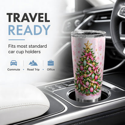 Pink Christmas Tree Tumbler, 20oz Stainless Steel Holiday Drinkware