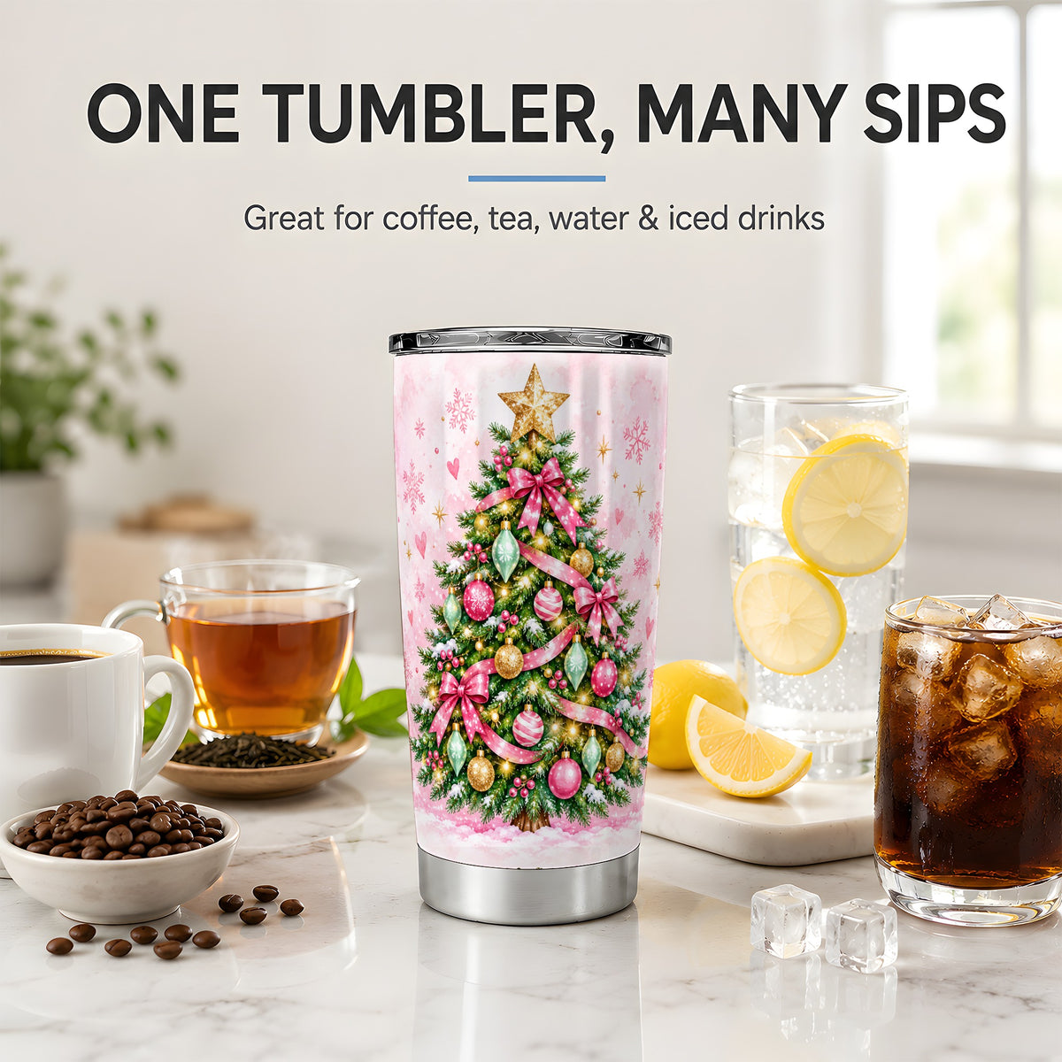 Pink Christmas Tree Tumbler, 20oz Stainless Steel Holiday Drinkware