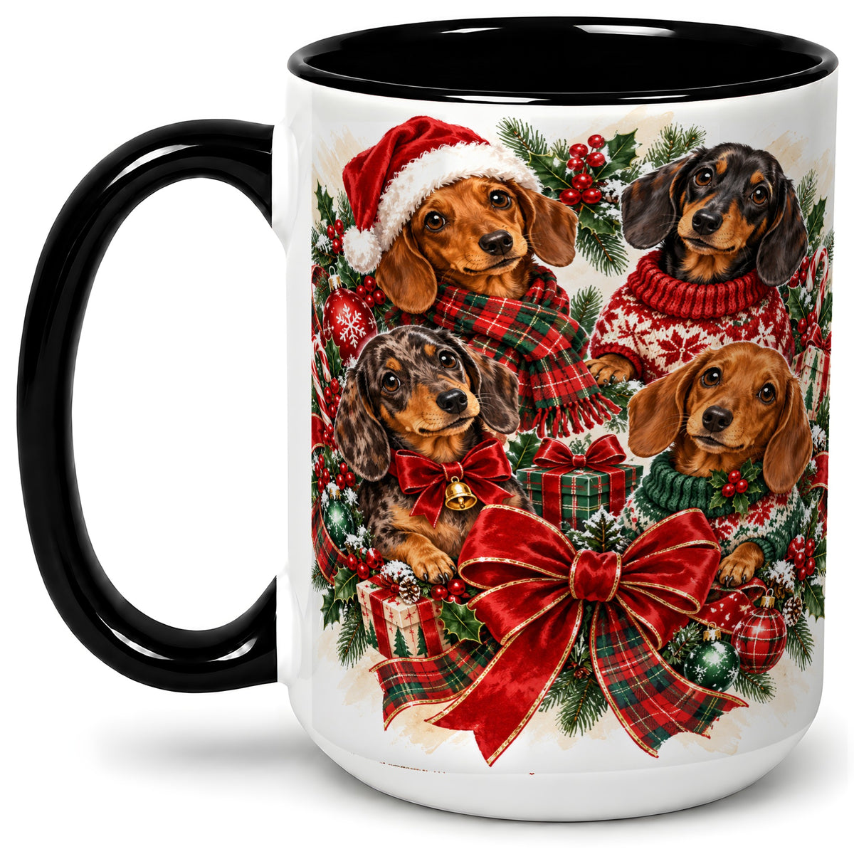 #pl[15oz|Black] Christmas Dachshund Accent Mug, Ceramic Cup for Dog Lovers