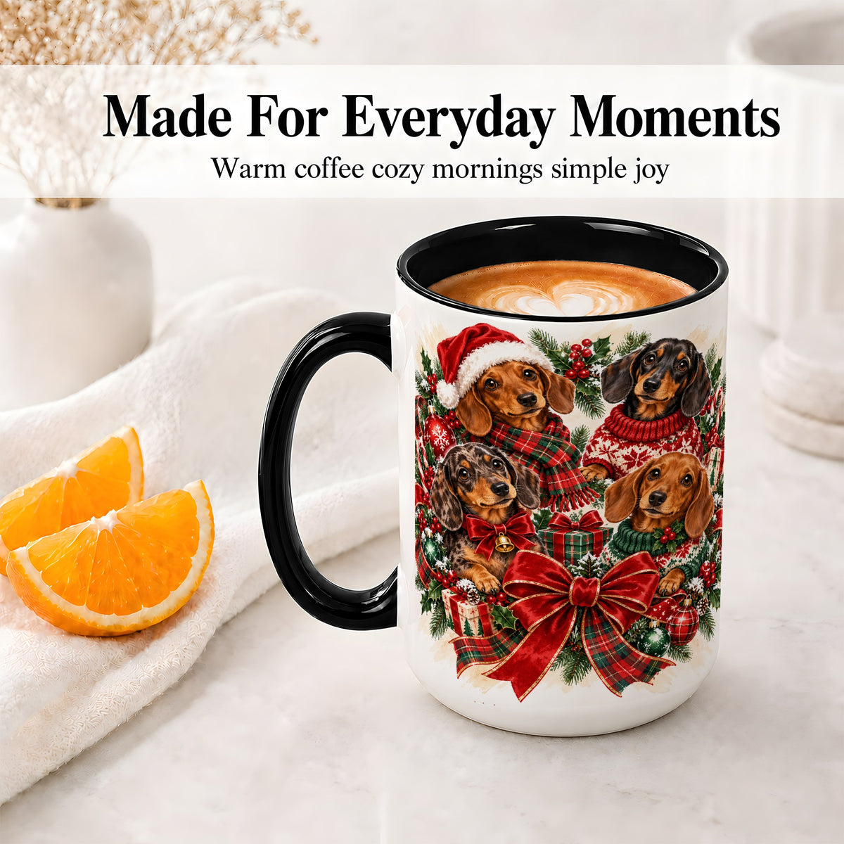 #pl[15oz|Black] Christmas Dachshund Accent Mug, Ceramic Cup for Dog Lovers