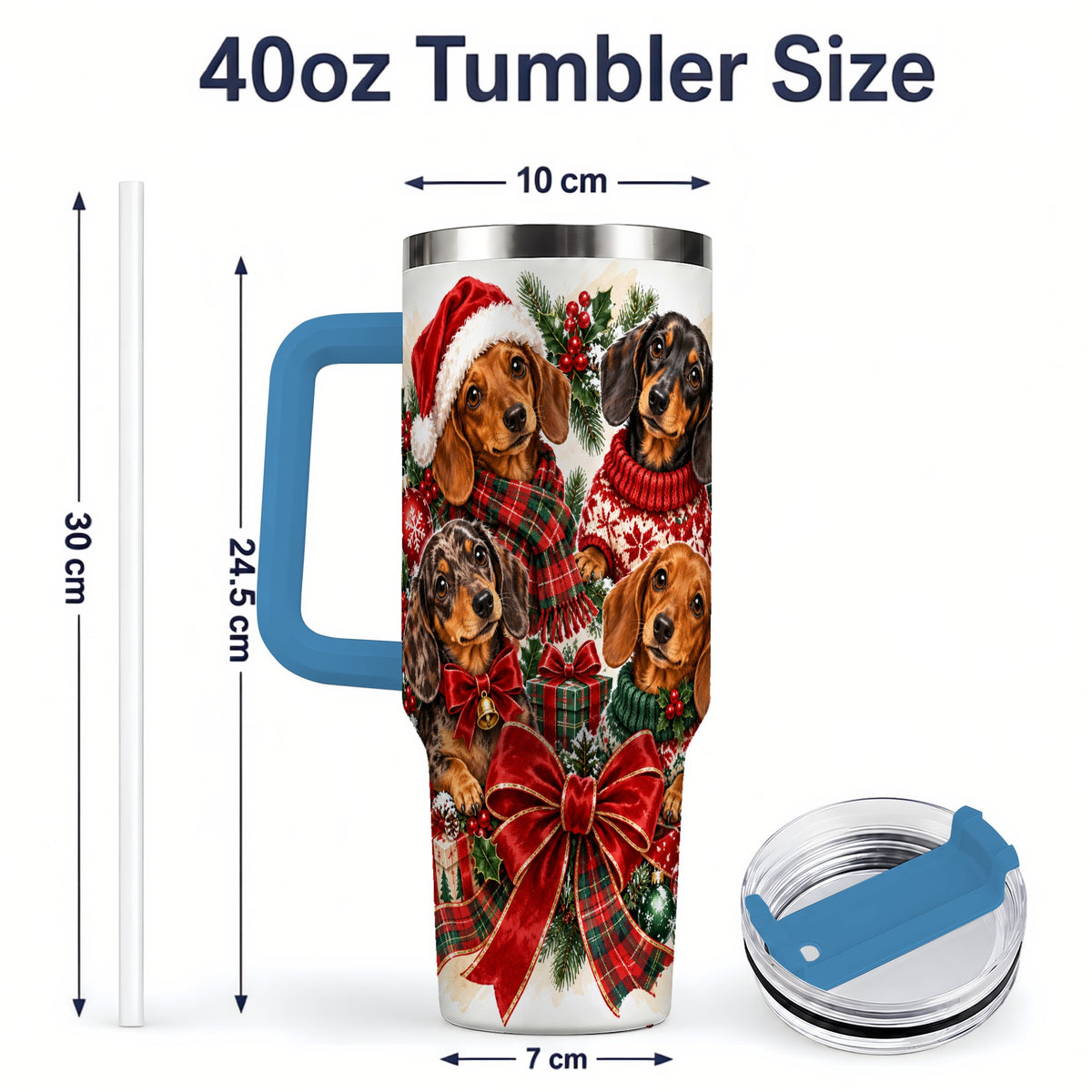 #pl[40oz|Blue] Christmas Dachshund Handled Tumbler, 40oz Festive Dog Drinkware