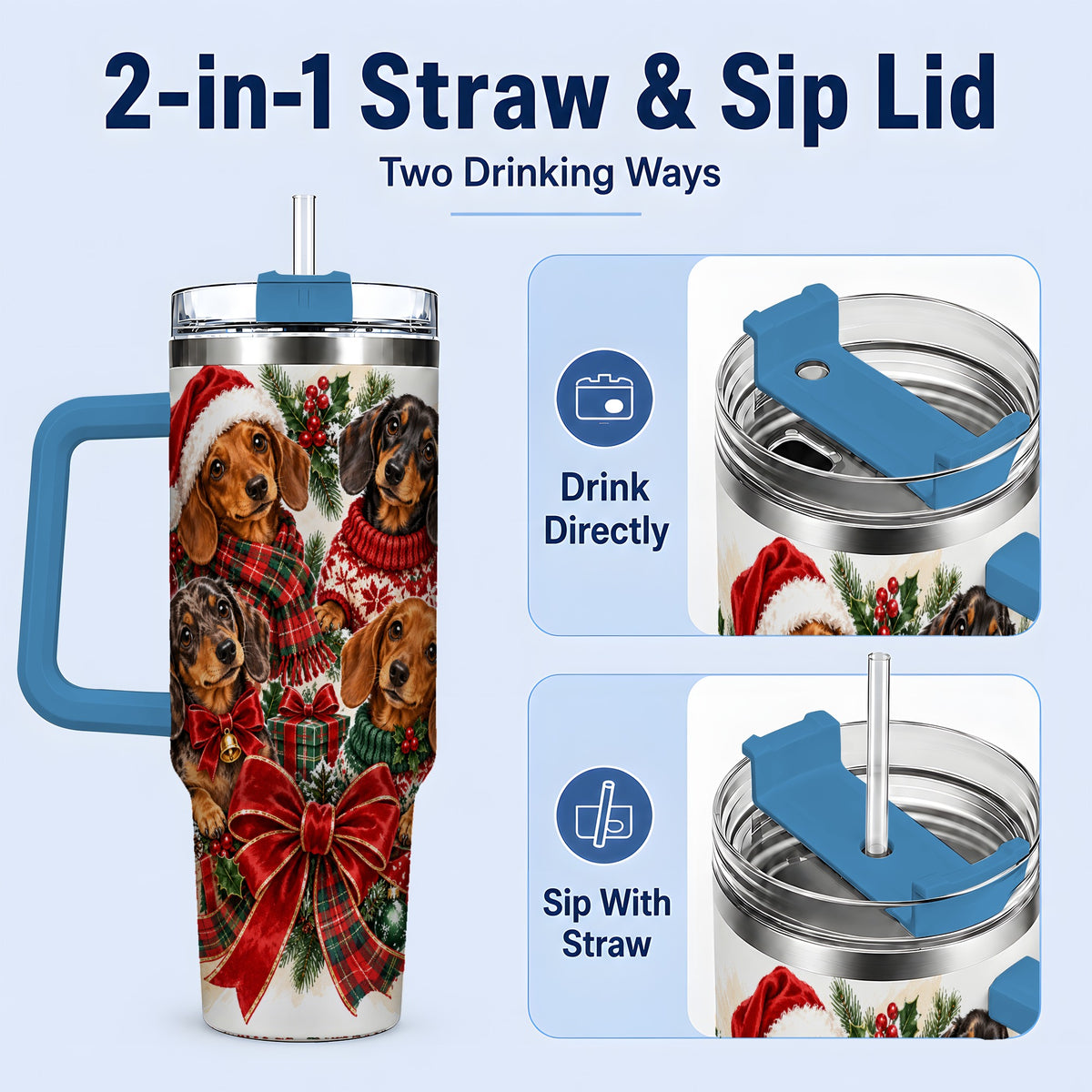 #pl[40oz|Blue] Christmas Dachshund Handled Tumbler, 40oz Festive Dog Drinkware