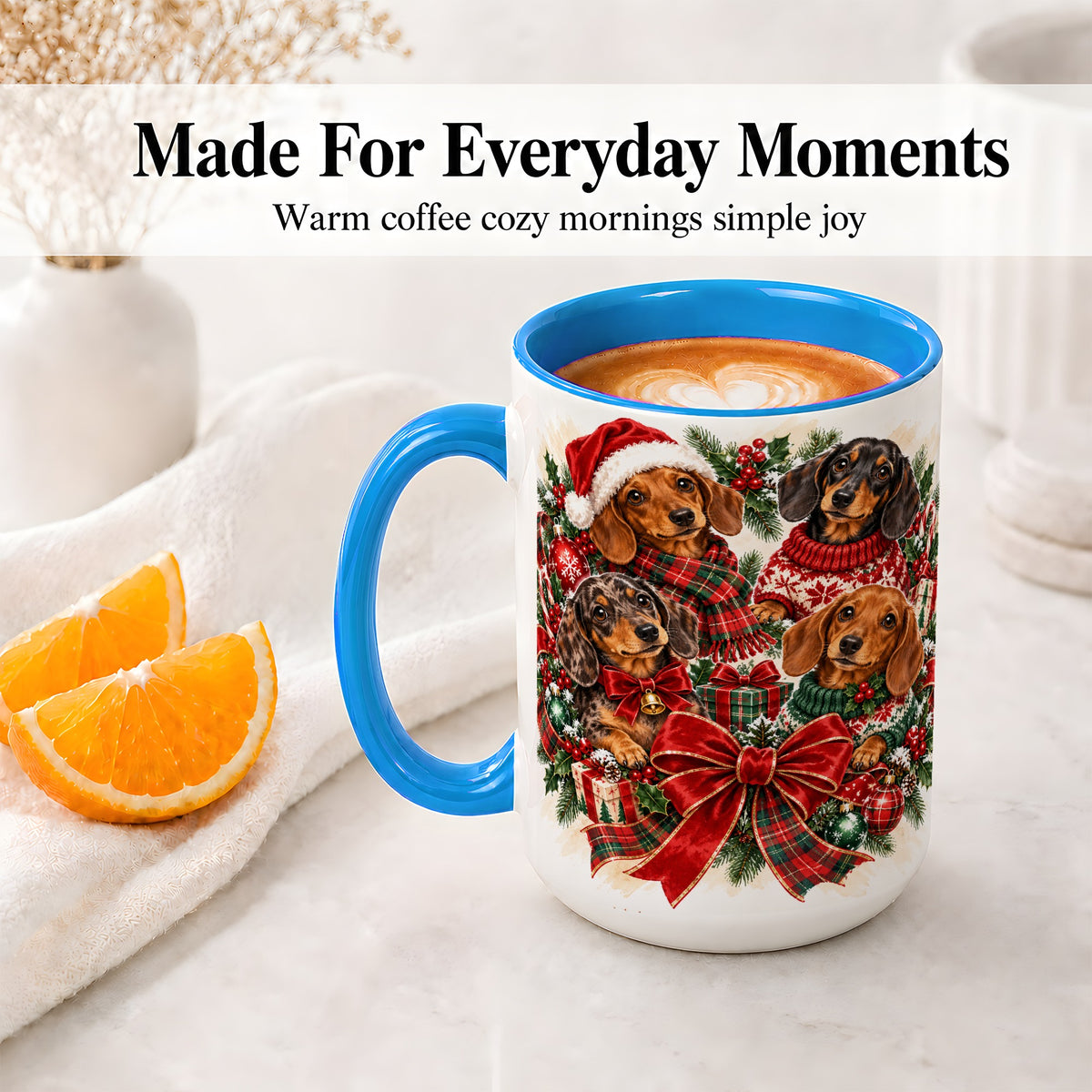 #pl[15oz|Blue] Christmas Dachshund Accent Mug, Ceramic Cup for Dog Lovers