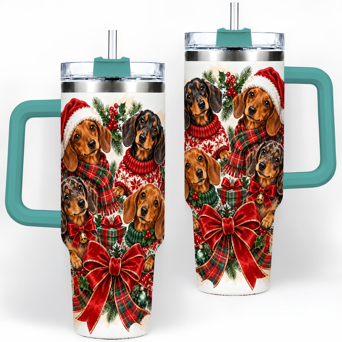 #pl[40oz|Green] Christmas Dachshund Handled Tumbler, 40oz Festive Dog Drinkware