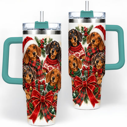 #pl[40oz|Green] Christmas Dachshund Handled Tumbler, 40oz Festive Dog Drinkware