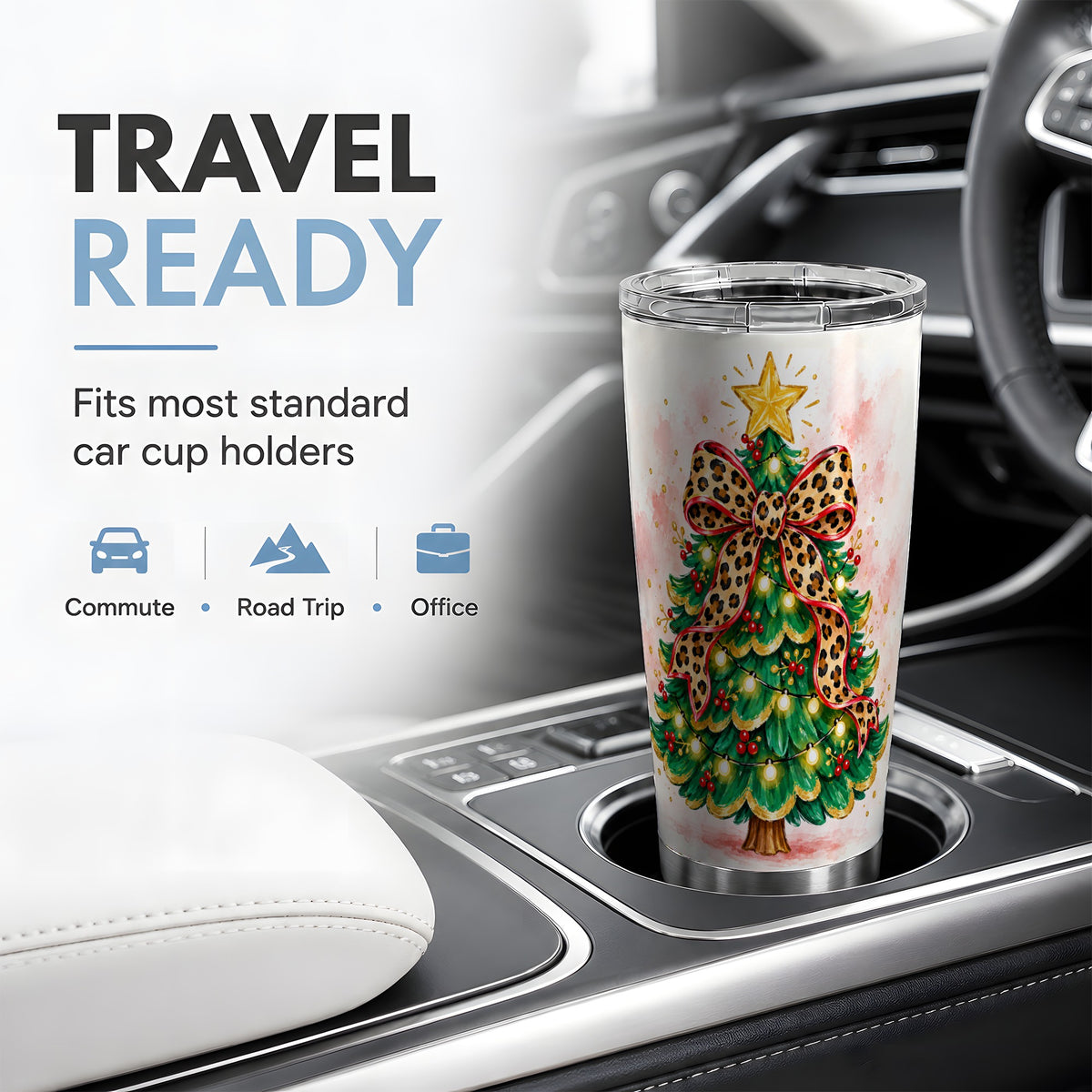 Leopard Print Christmas Tree Tumbler, 20oz Stainless Steel Drinkware