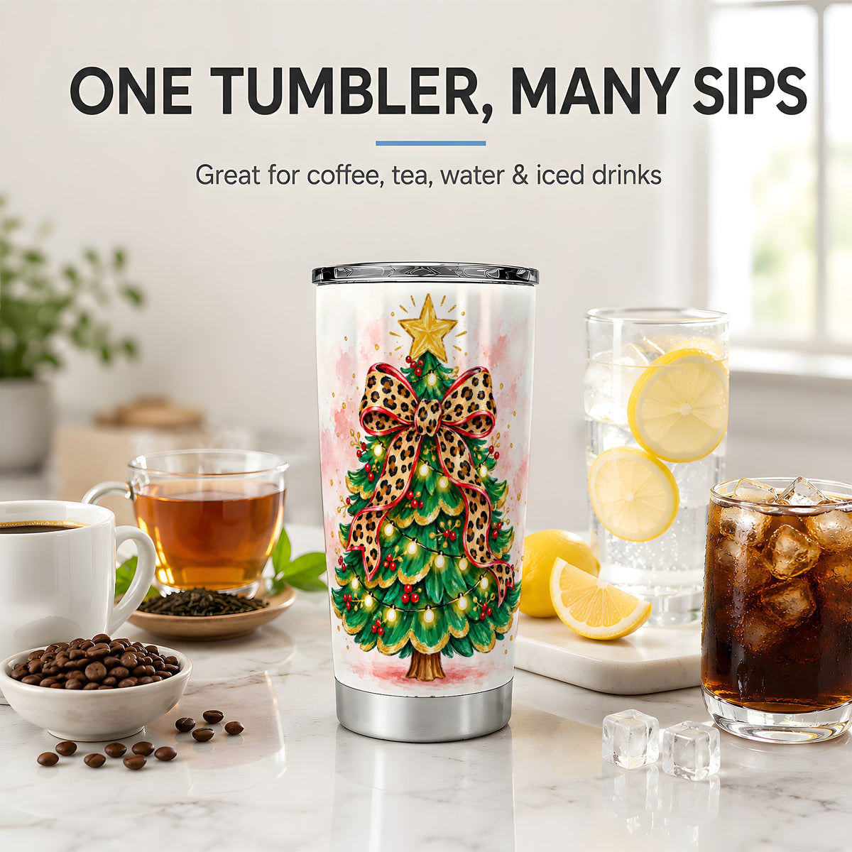 Leopard Print Christmas Tree Tumbler, 20oz Stainless Steel Drinkware