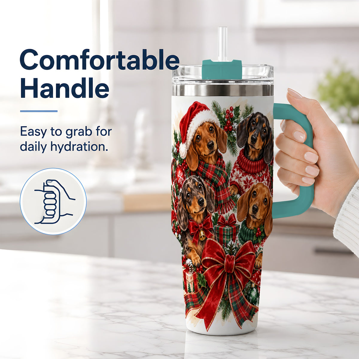 #pl[40oz|Green] Christmas Dachshund Handled Tumbler, 40oz Festive Dog Drinkware