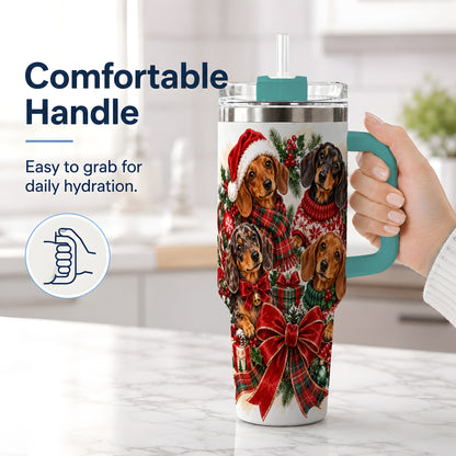 #pl[40oz|Green] Christmas Dachshund Handled Tumbler, 40oz Festive Dog Drinkware