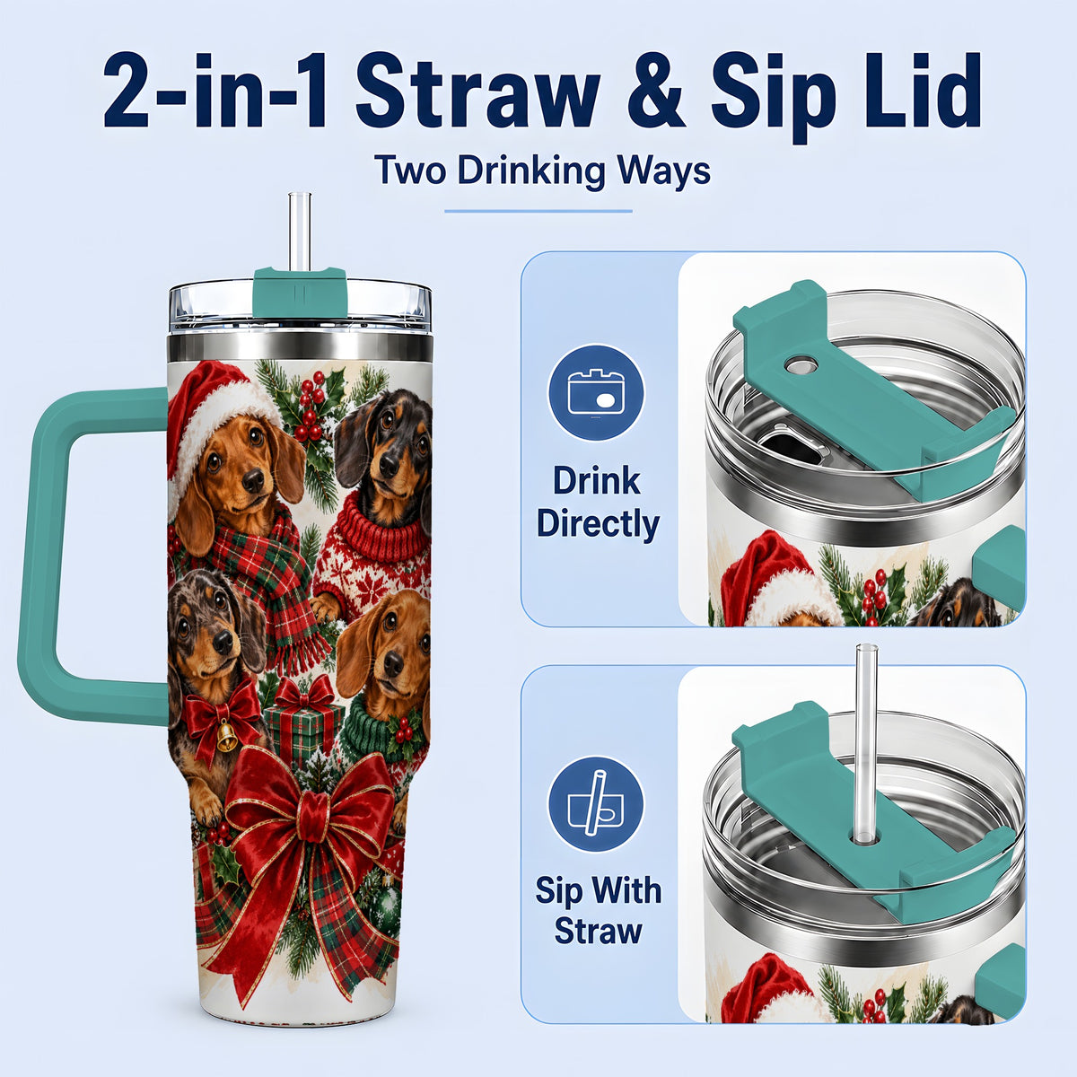 #pl[40oz|Green] Christmas Dachshund Handled Tumbler, 40oz Festive Dog Drinkware