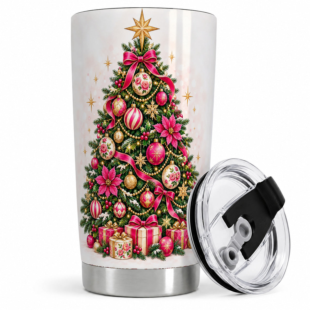 Pink Floral Christmas Tree Tumbler, 20oz Stainless Steel Drinkware