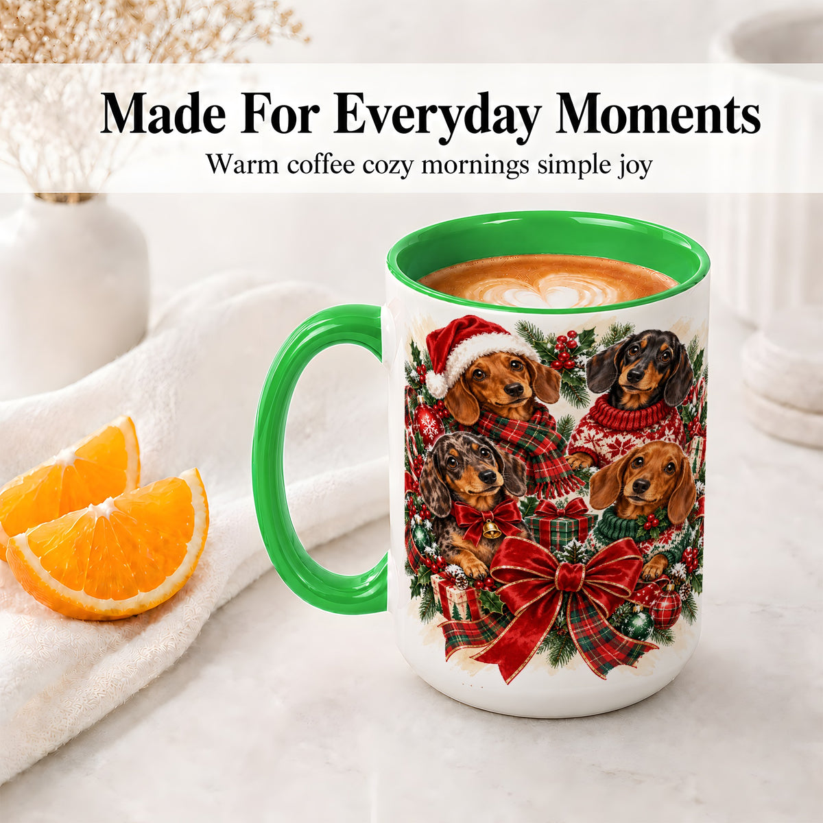 #pl[15oz|Green] Christmas Dachshund Accent Mug, Ceramic Cup for Dog Lovers