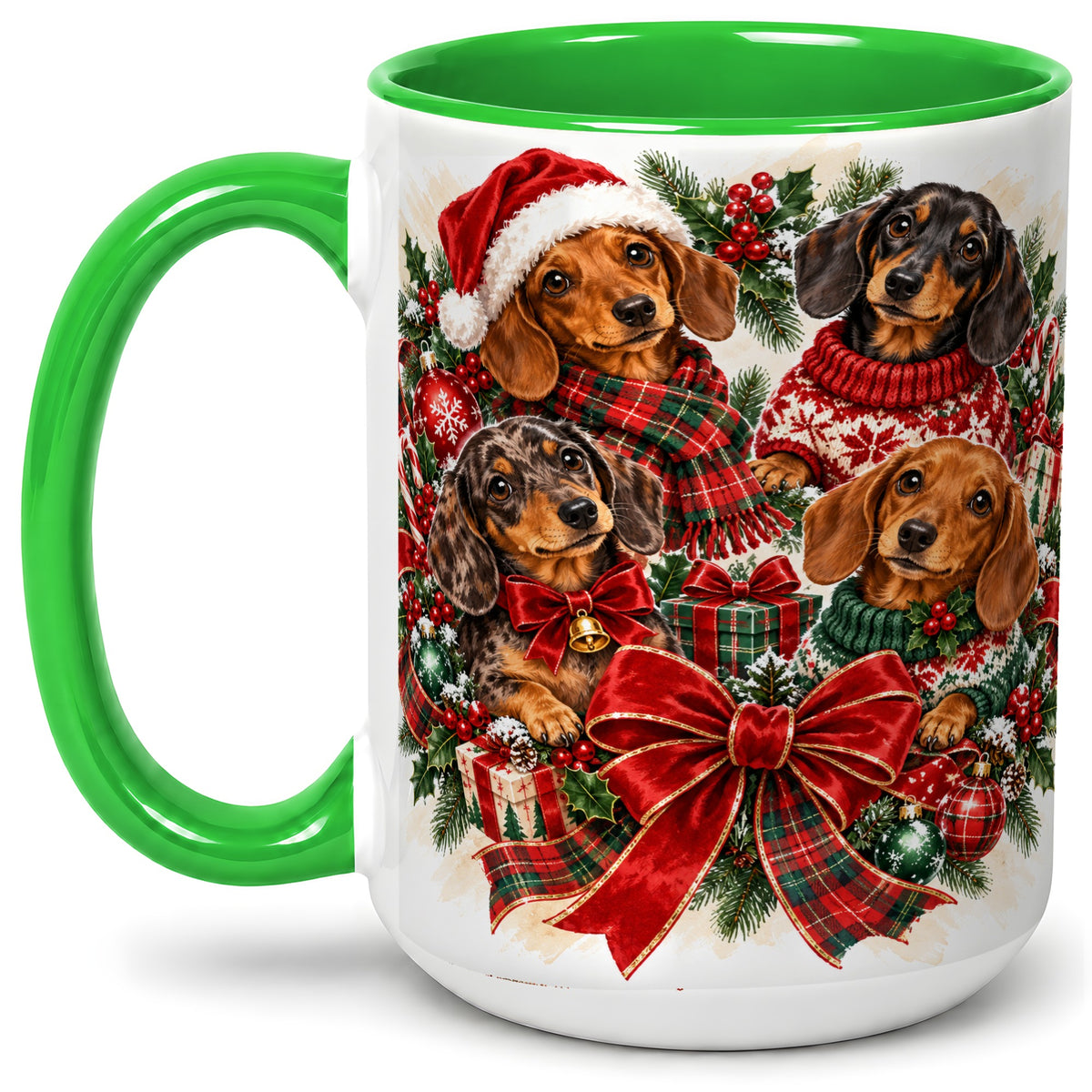 #pl[15oz|Green] Christmas Dachshund Accent Mug, Ceramic Cup for Dog Lovers