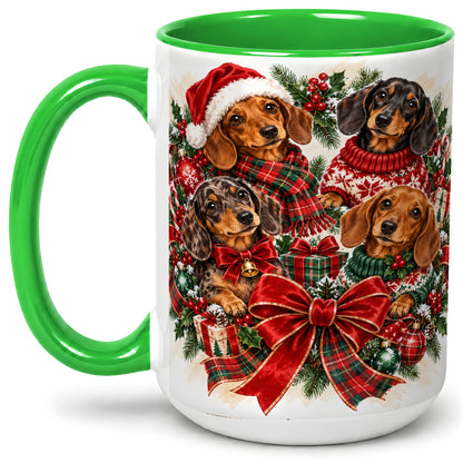 #pl[15oz|Green] Christmas Dachshund Accent Mug, Ceramic Cup for Dog Lovers