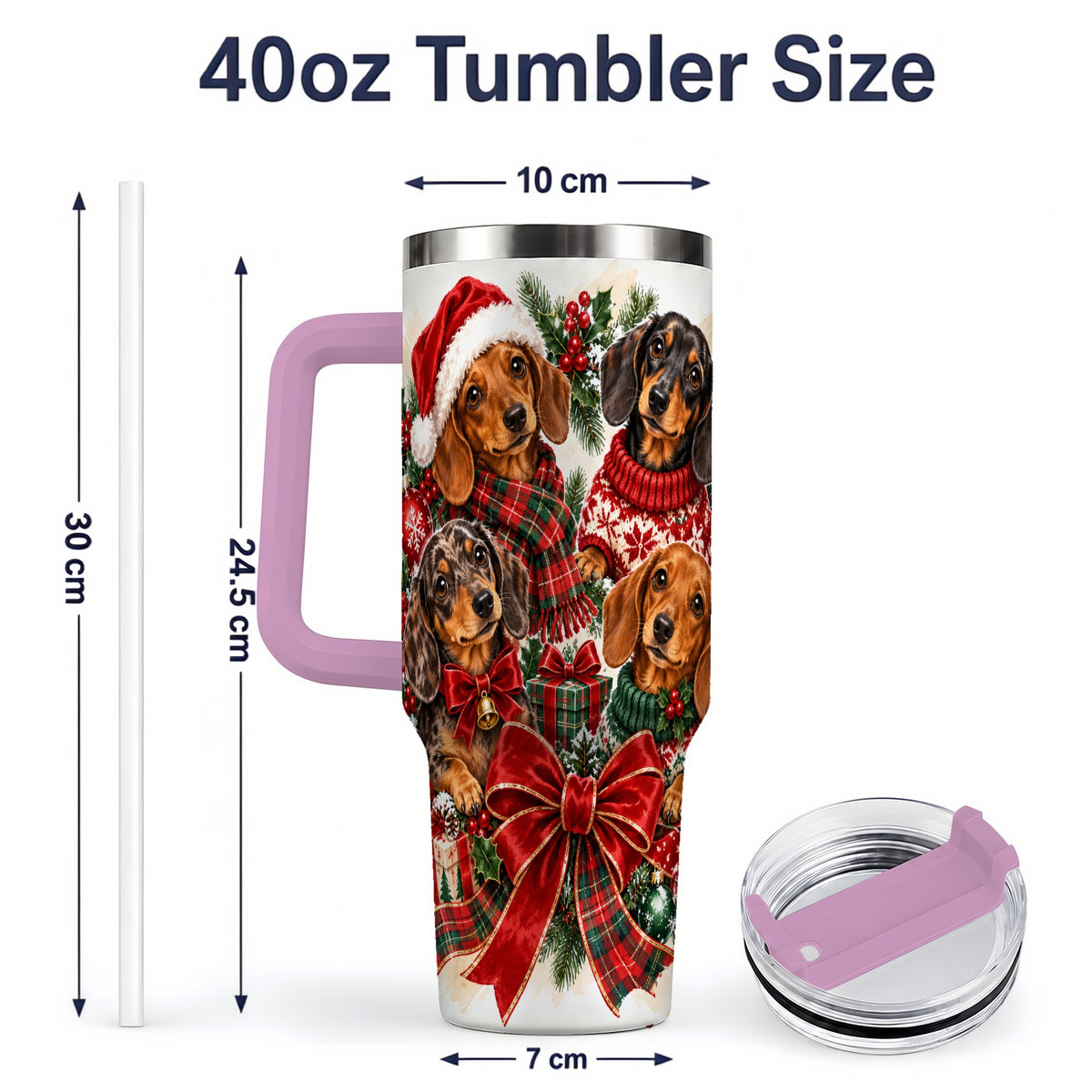 #pl[40oz|Pink] Christmas Dachshund Handled Tumbler, 40oz Festive Dog Drinkware
