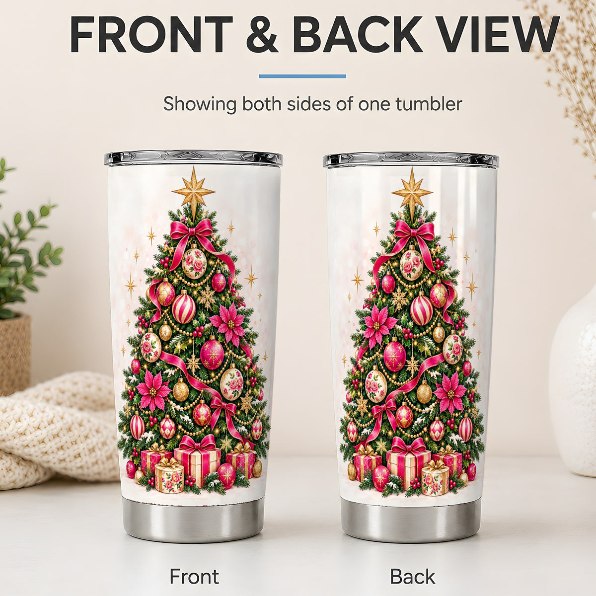 #pl[20oz|Steel] Pink Floral Christmas Tree Tumbler, 20oz Stainless Steel Drinkware