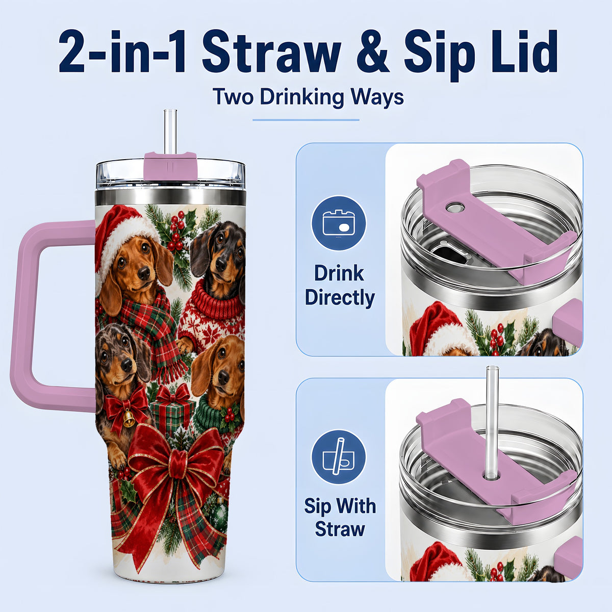 #pl[40oz|Pink] Christmas Dachshund Handled Tumbler, 40oz Festive Dog Drinkware