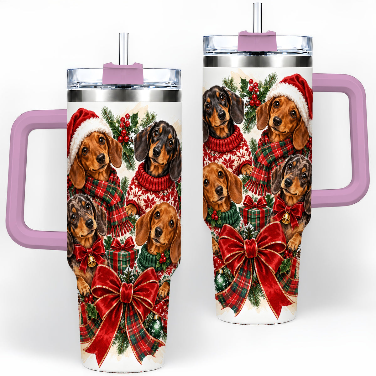#pl[40oz|Pink] Christmas Dachshund Handled Tumbler, 40oz Festive Dog Drinkware