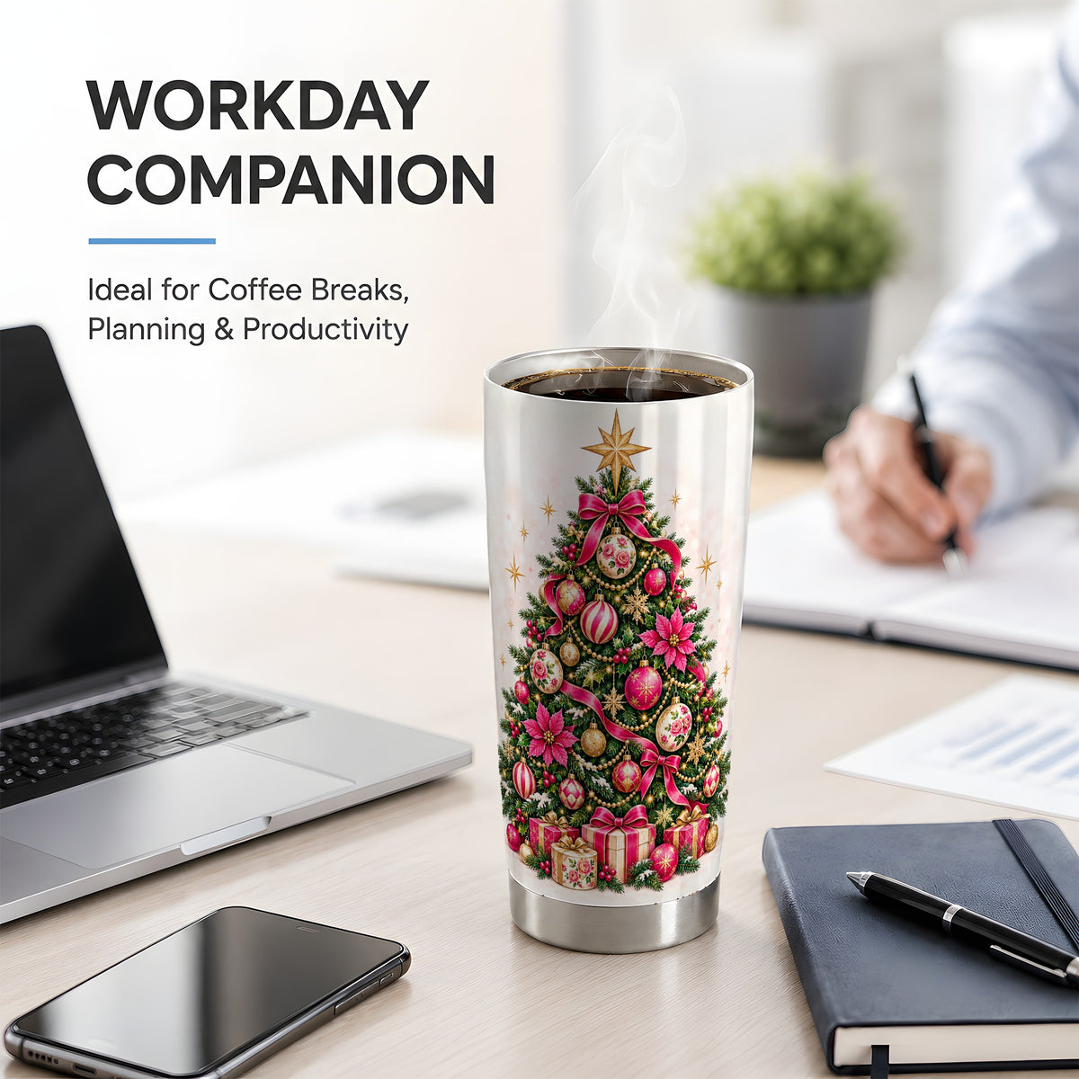 Pink Floral Christmas Tree Tumbler, 20oz Stainless Steel Drinkware