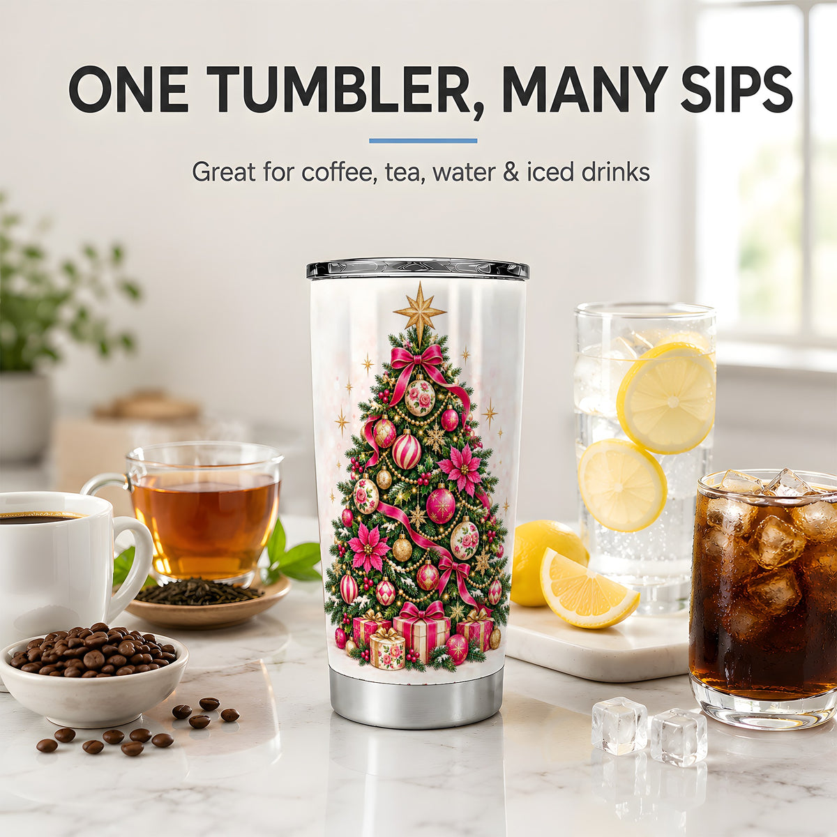 Pink Floral Christmas Tree Tumbler, 20oz Stainless Steel Drinkware