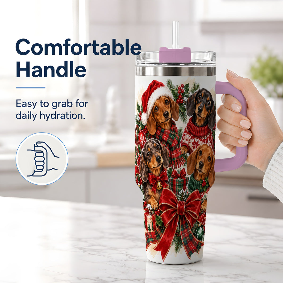 #pl[40oz|Pink] Christmas Dachshund Handled Tumbler, 40oz Festive Dog Drinkware