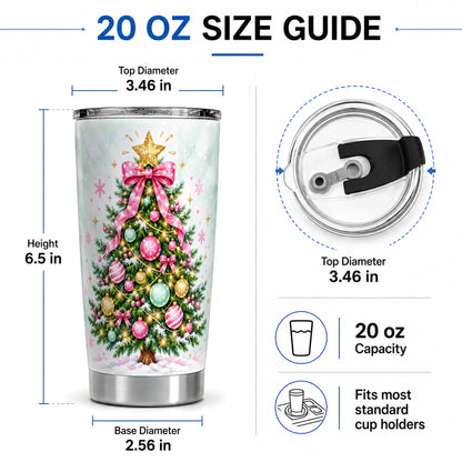 #pl[20oz|Steel] Pink Bow Christmas Tree Tumbler, 20oz Stainless Steel Holiday Drinkware
