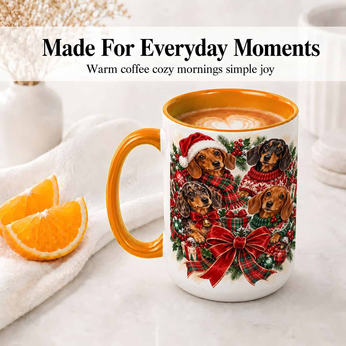 #pl[15oz|Orange] Christmas Dachshund Accent Mug, Ceramic Cup for Dog Lovers