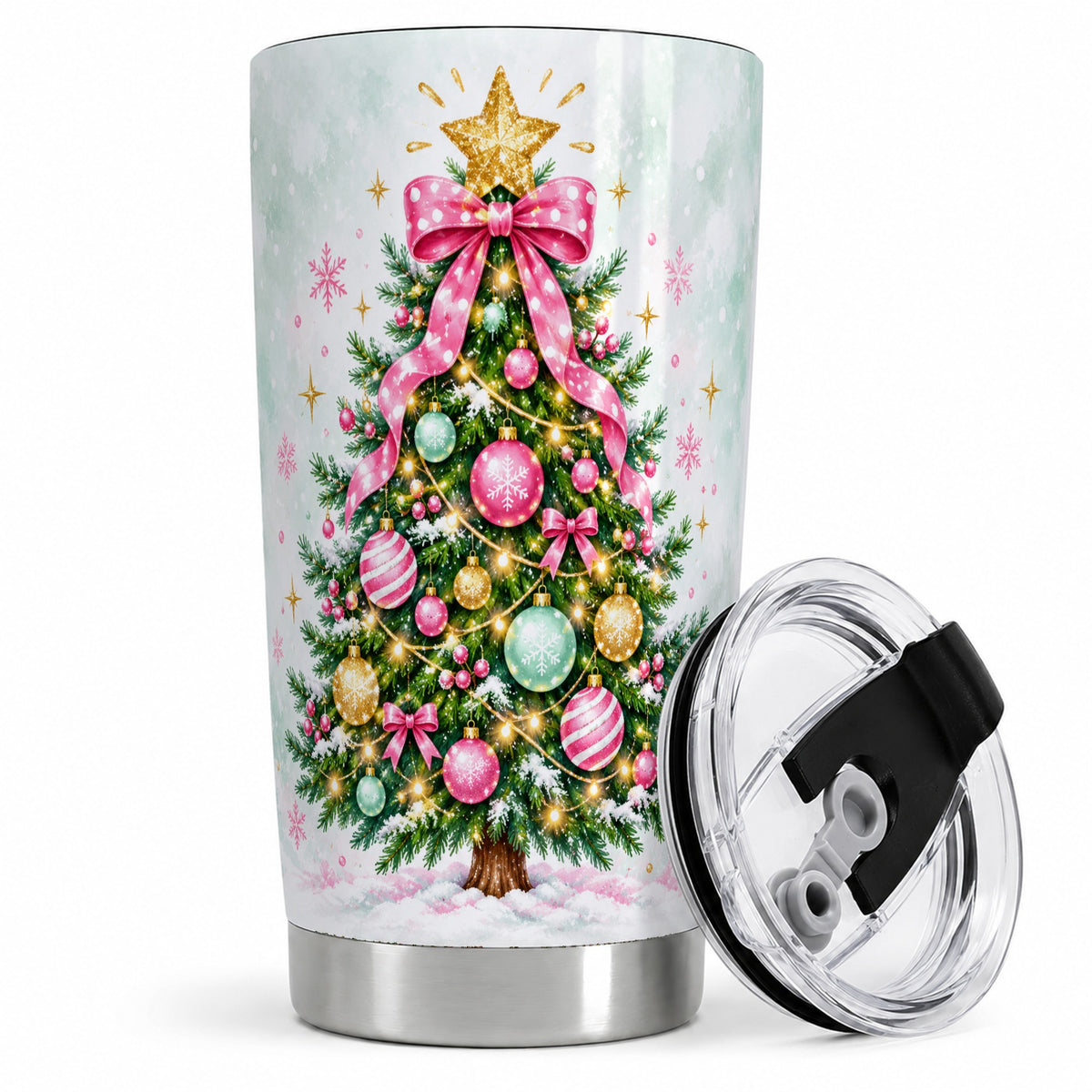 Pink Bow Christmas Tree Tumbler, 20oz Stainless Steel Holiday Drinkware
