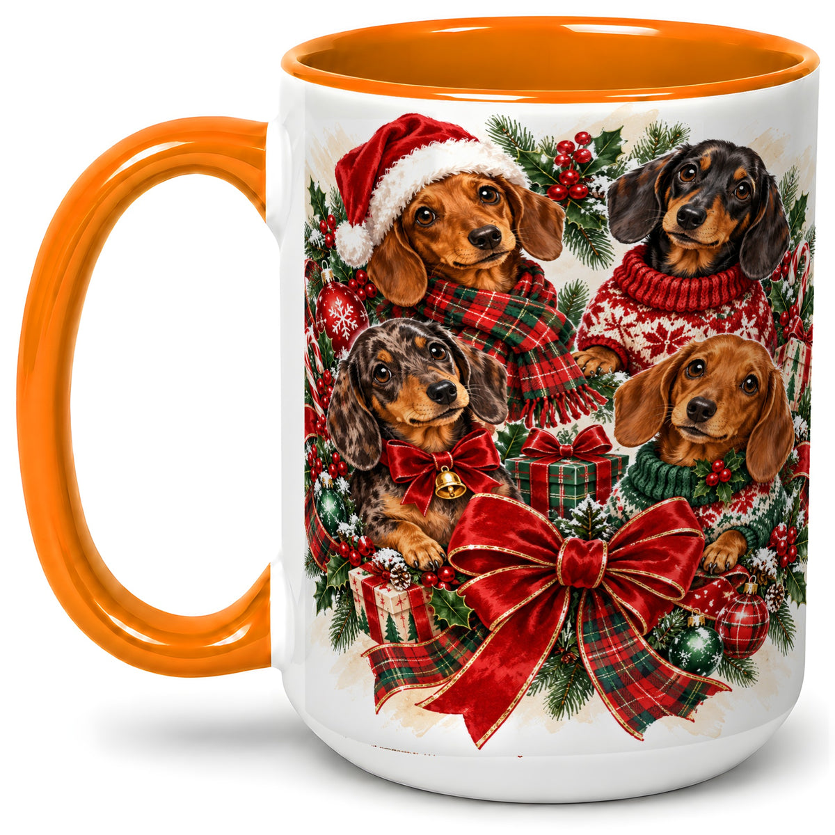 #pl[15oz|Orange] Christmas Dachshund Accent Mug, Ceramic Cup for Dog Lovers